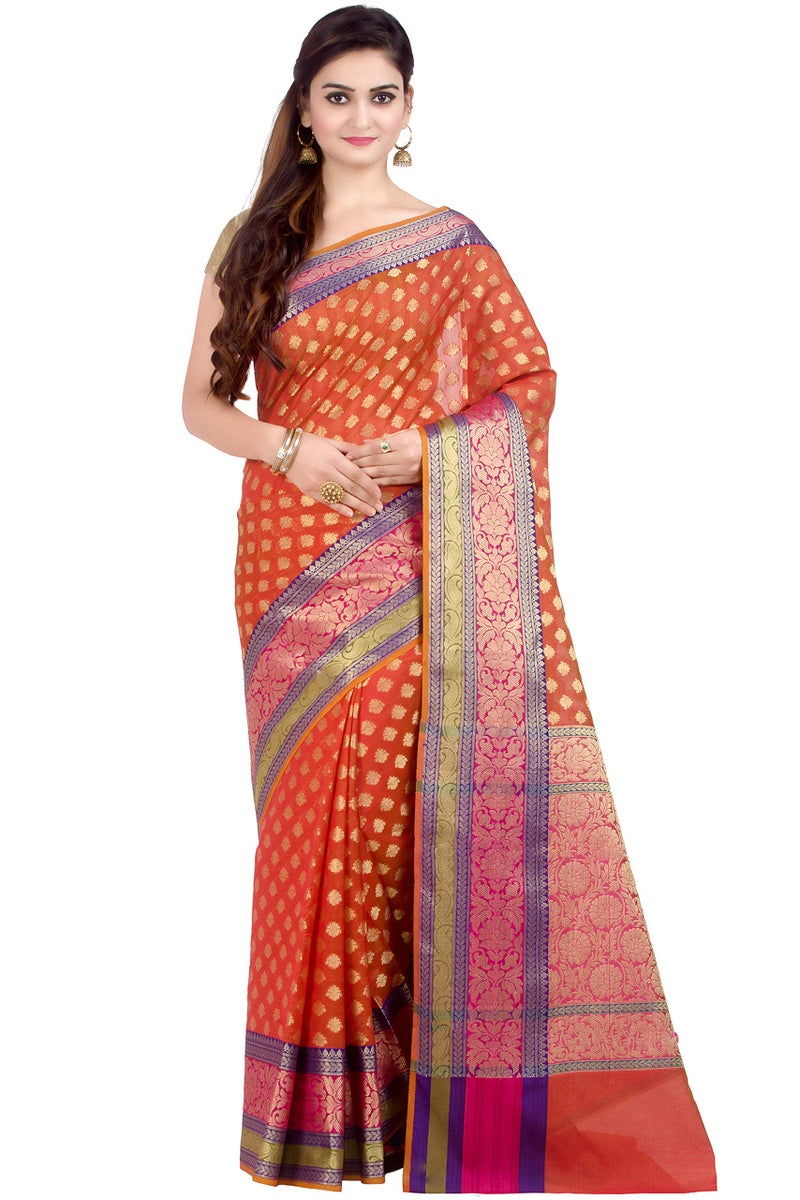 Chandrakala Women's Orange Cotton Silk Blend Banarasi Saree,Free Size(1080ORA) - Image 1